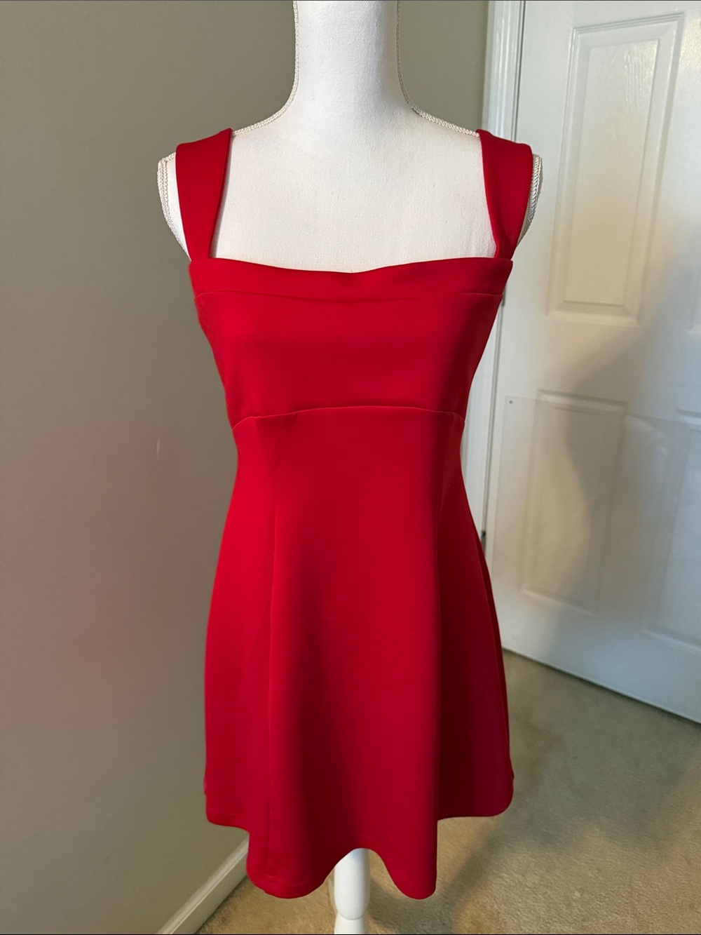 Red Square-Neck A-Line Dress